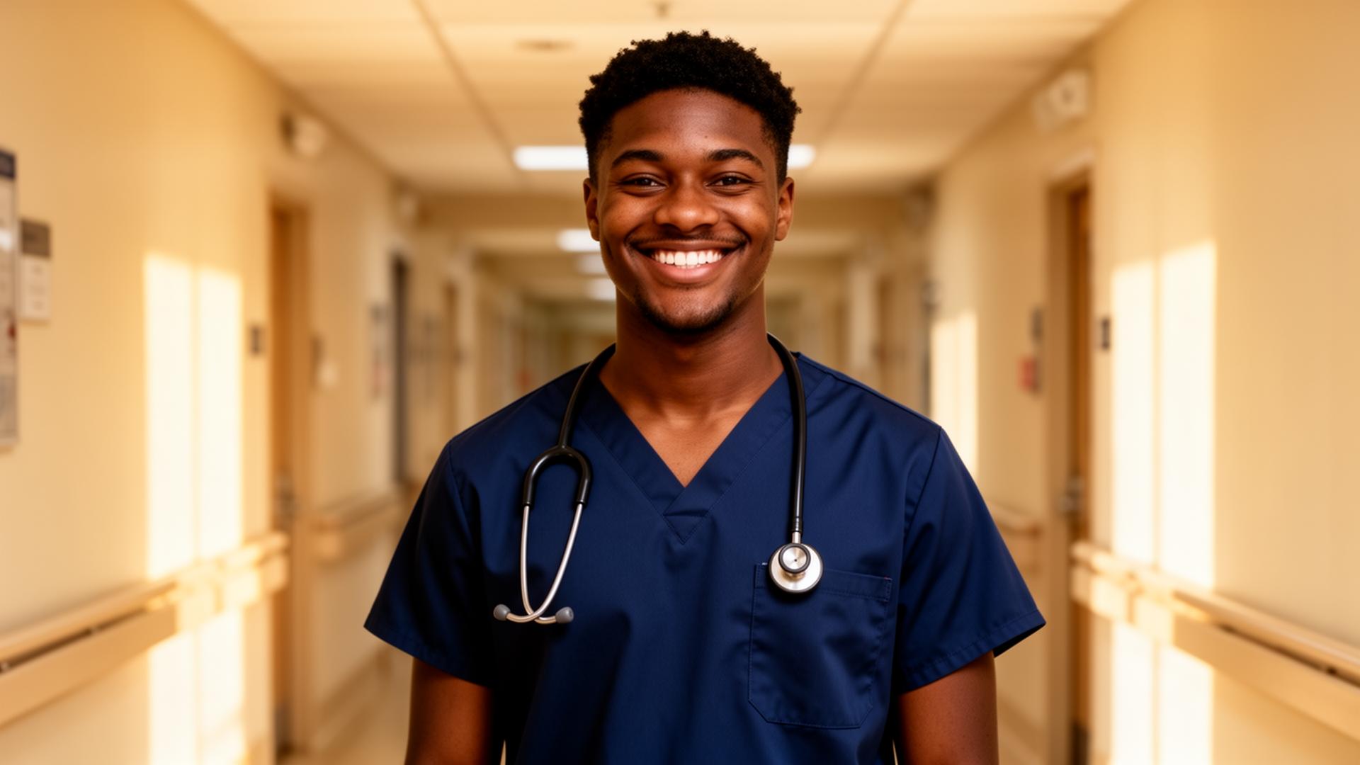 A smiling behavioral health technician in a sunlit modern group home